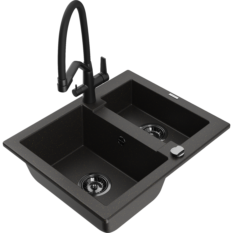 Mexen Carlos granitdiskbänk med 1,5 fack med köksblandare Duo, svart/guld metallic - 6518-75-671701-70-B