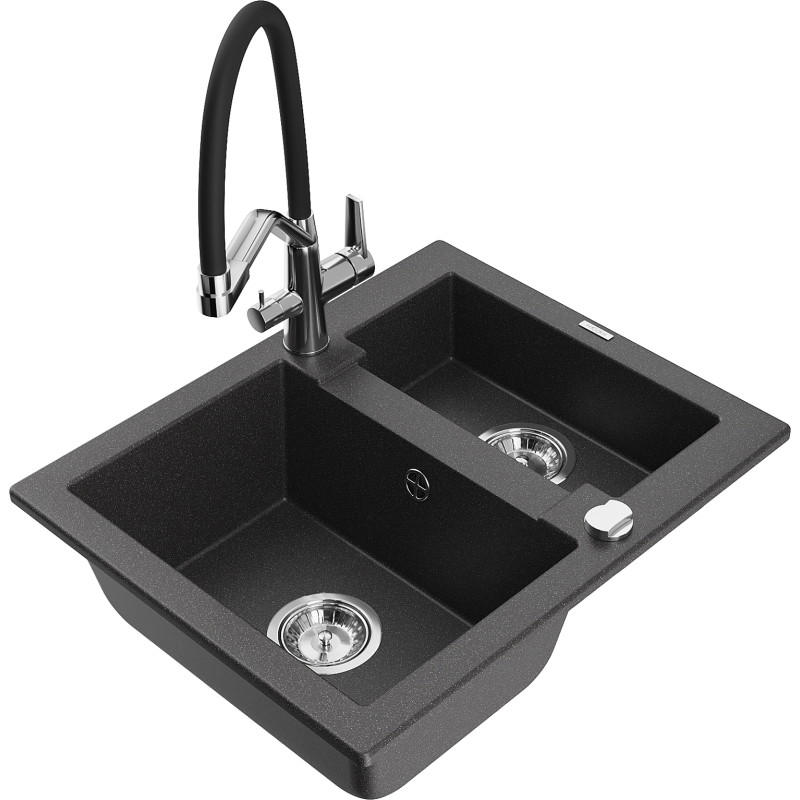 Mexen Carlos fregadero de granito 1,5 cámaras con grifo de cocina Duo, negro moteado - 6518-76-671701-07