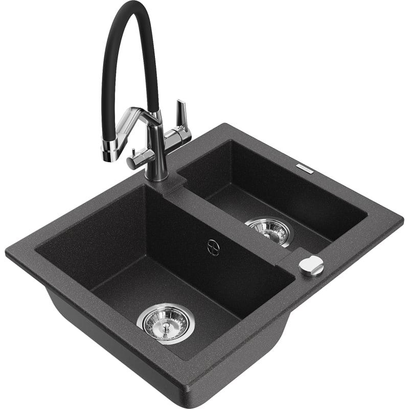 Mexen Carlos granite kitchen sink 1.5-bowl with Duo faucet, black speckled - 6518-76-671701-07