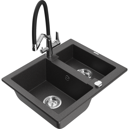 Mexen Carlos granite kitchen sink 1.5-bowl with Duo faucet, black speckled - 6518-76-671701-07