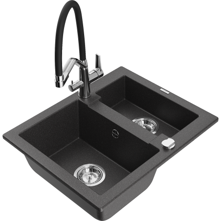 Mexen Carlos granite sink 1.5-bowl with Duo kitchen tap, black speckled - 6518-76-671701-07