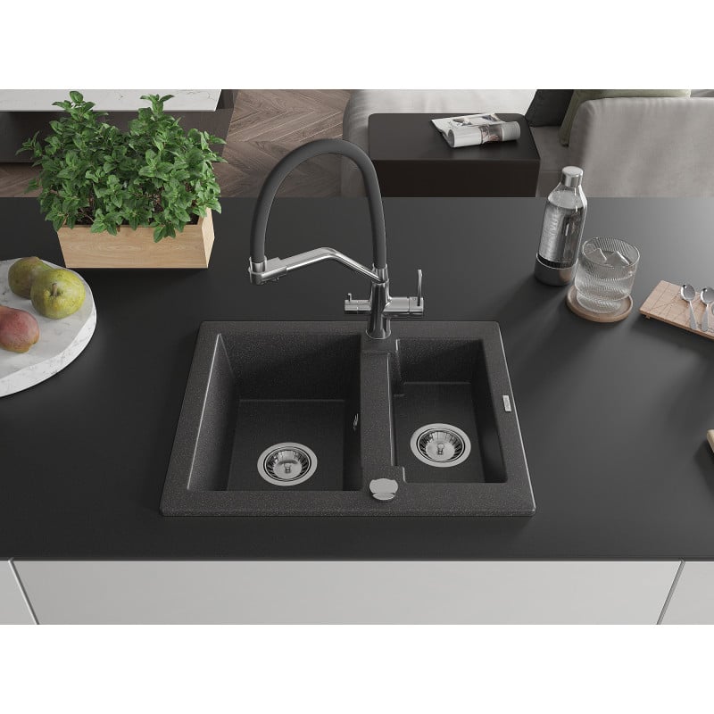 Mexen Carlos granite sink 1.5-bowl with Duo kitchen tap, black speckled - 6518-76-671701-07