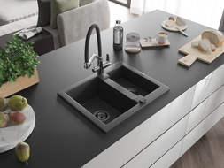 Mexen Carlos 1.5-bowl granite kitchen sink with Duo tap, black speckled - 6518-76-671701-07-B