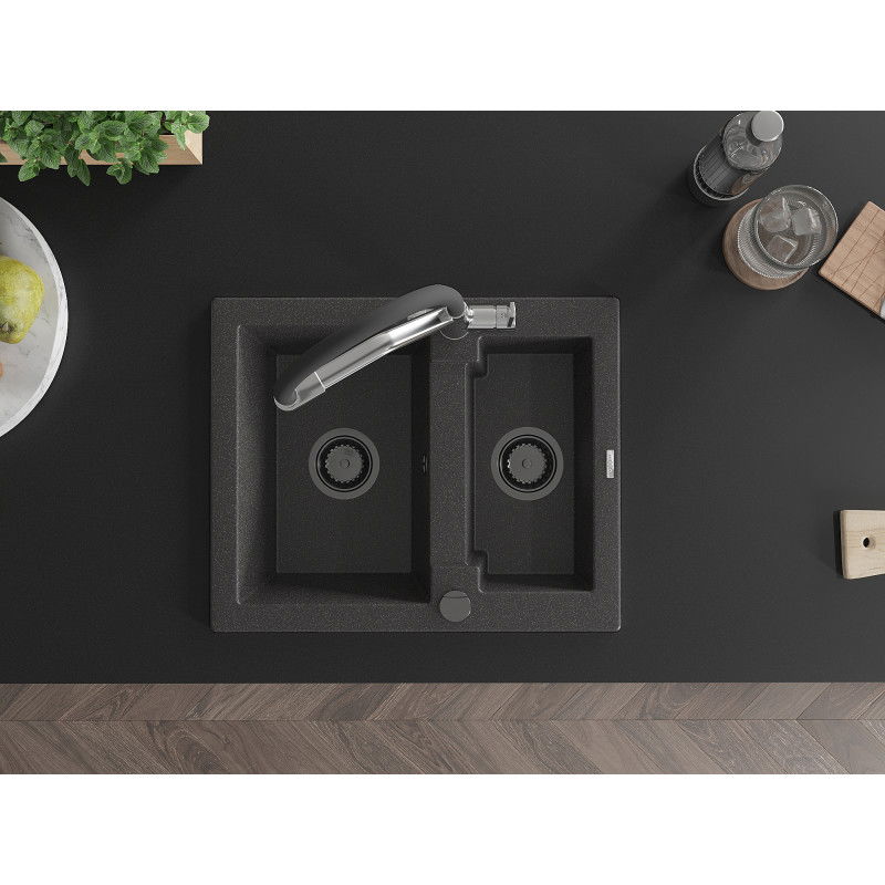 Mexen Carlos fregadero de granito de 1,5 cuencas con grifo de cocina Duo, negro moteado - 6518-76-671701-07-B