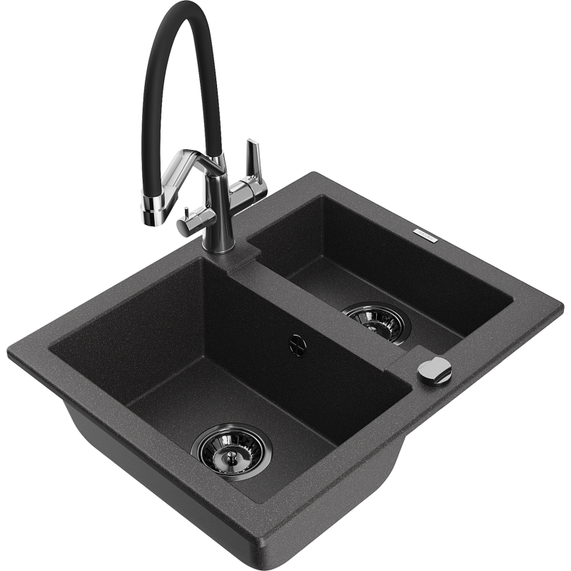 Mexen Carlos fregadero de granito de 1,5 cuencas con grifo de cocina Duo, negro moteado - 6518-76-671701-07-B