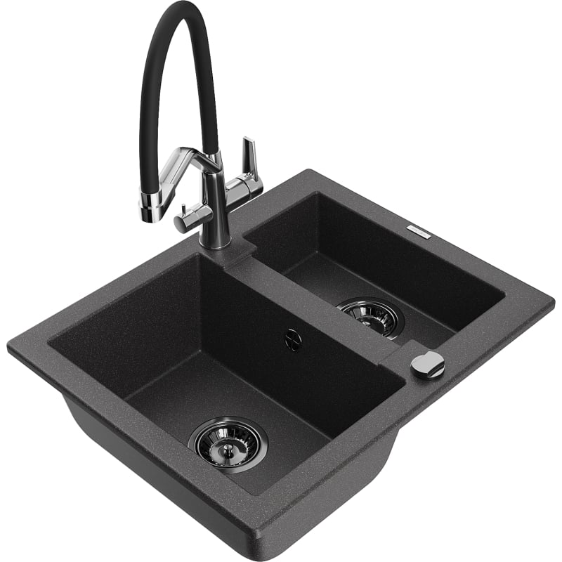 Mexen Carlos granite sink 1.5-compartment with Duo kitchen faucet, black speckled - 6518-76-671701-07-B