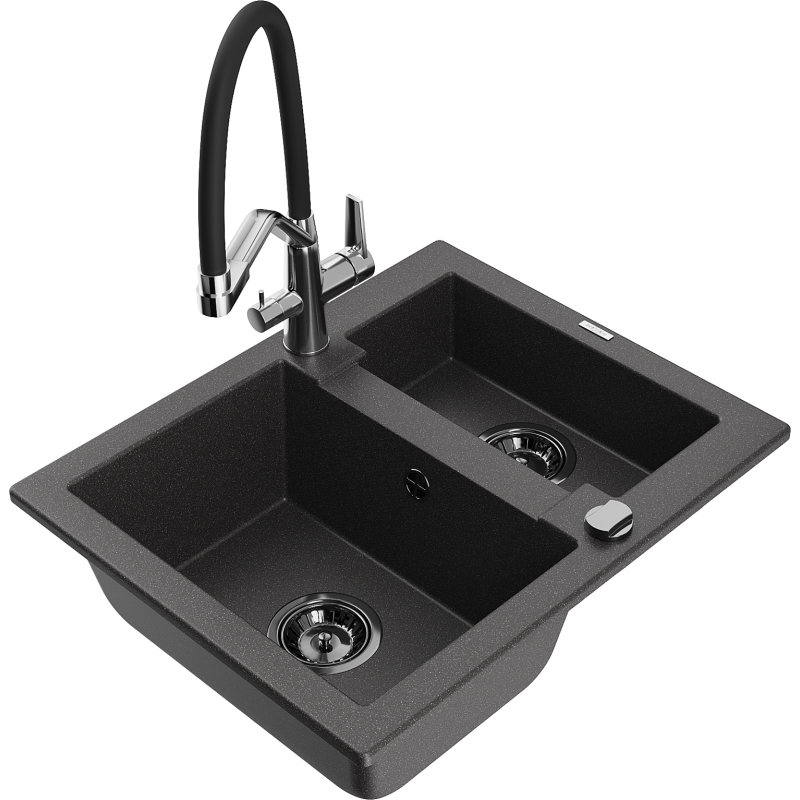 Mexen Carlos lavello in granito 1,5 vasche con miscelatore Duo, nero punteggiato - 6518-76-671701-07-B