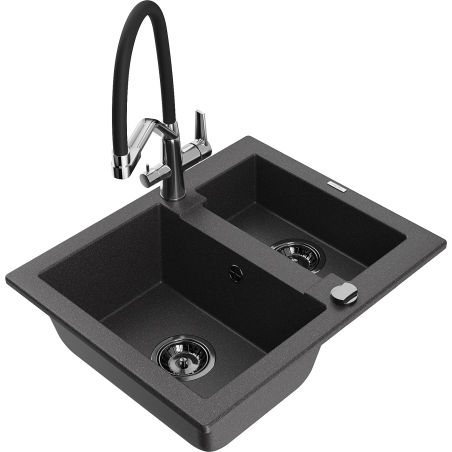 Mexen Carlos fregadero de granito de 1,5 cuencas con grifo de cocina Duo, negro moteado - 6518-76-671701-07-B