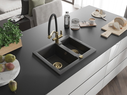 Mexen Carlos granite sink 1.5-bowl with Duo kitchen tap, black speckled - 6518-76-671701-57-G