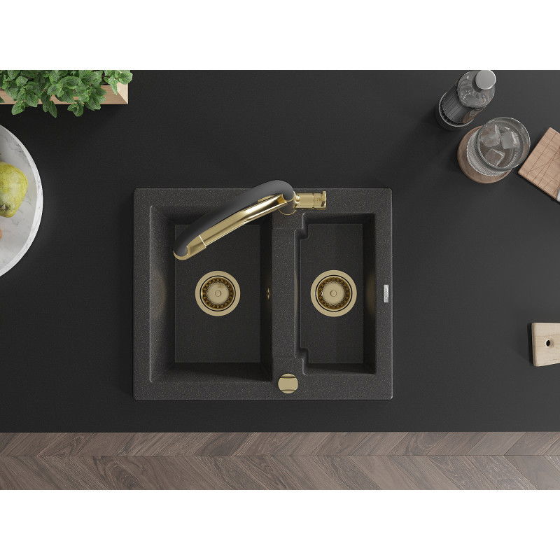 Mexen Carlos fregadero de granito de 1,5 senos con grifo de cocina Duo, negro moteado - 6518-76-671701-57-G