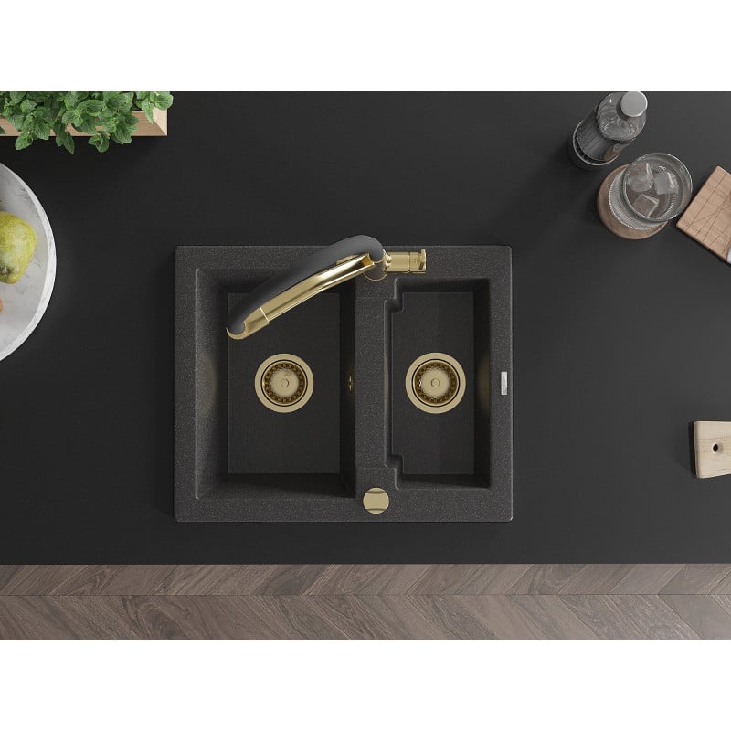 Mexen Carlos lava-louça de granito 1,5-bacia com torneira de cozinha Duo, preto salpicado - 6518-76-671701-57-G