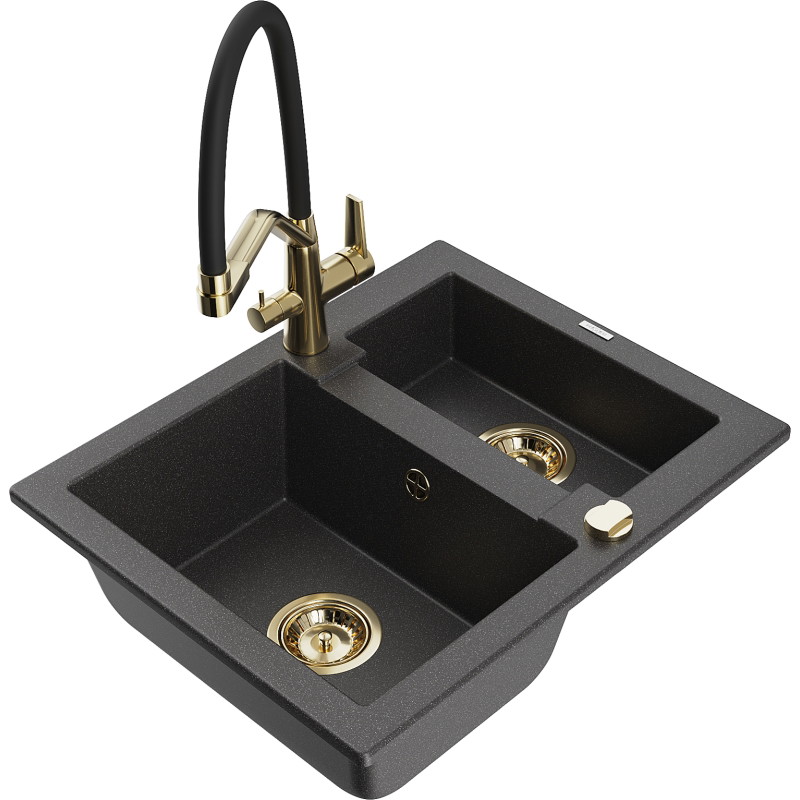 Mexen Carlos fregadero de granito de 1,5 cubetas con grifo de cocina Duo, negro moteado - 6518-76-671701-57-G