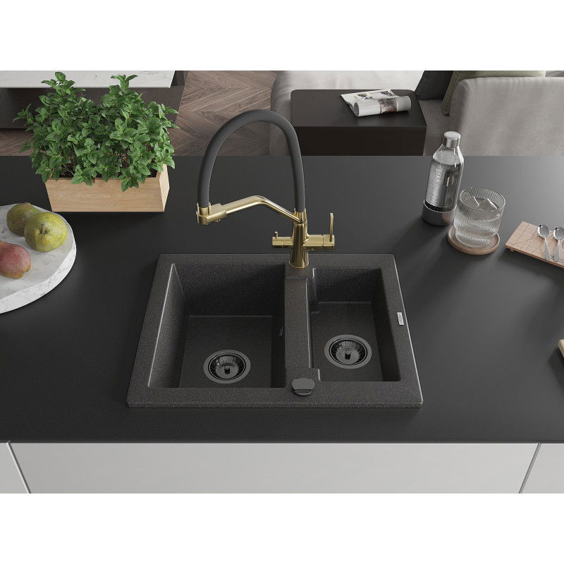 Mexen Carlos granite sink 1.5-bowl with Duo kitchen tap, black speckled - 6518-76-671701-57-B