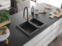 Mexen Carlos granite sink 1.5-bowl with kitchen tap Duo, black speckled - 6518-76-671701-57-B