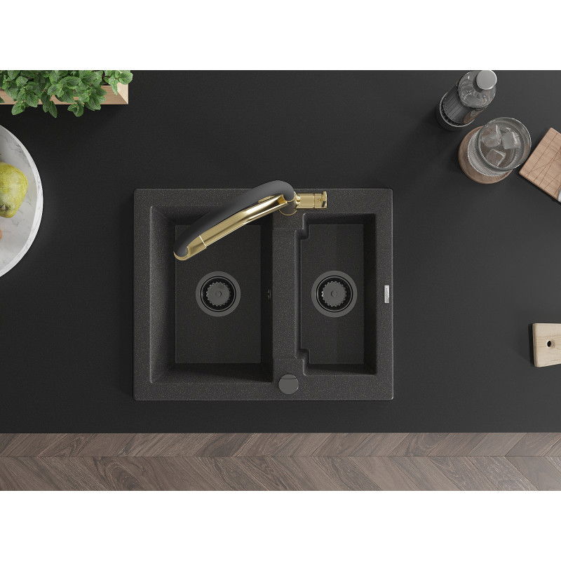 Mexen Carlos fregadero de granito de 1,5 senos con grifo de cocina Duo, negro moteado - 6518-76-671701-57-B