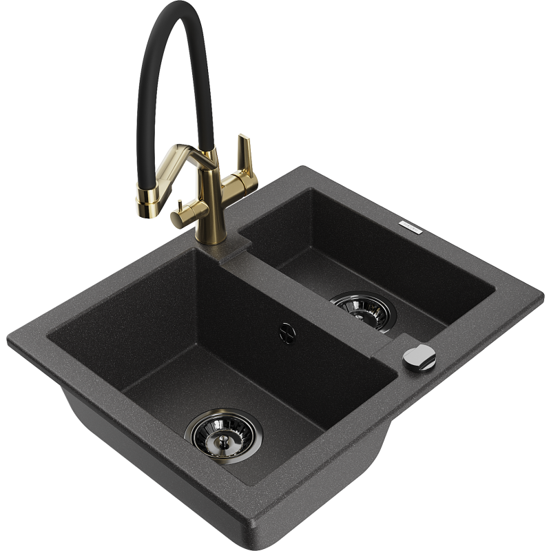 Mexen Carlos graniittinen 1,5-allas pesuallas ja keittiöhana Duo, musta pilkullinen - 6518-76-671701-57-B