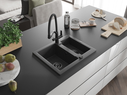 Mexen Carlos fregadero de granito 1,5 cubetas con grifo de cocina Duo, negro moteado - 6518-76-671701-70-B