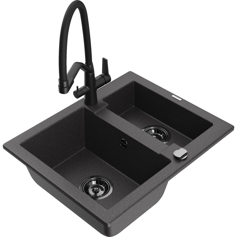 Mexen Carlos granite kitchen sink 1.5-bowl with Duo kitchen tap, black speckled - 6518-76-671701-70-B