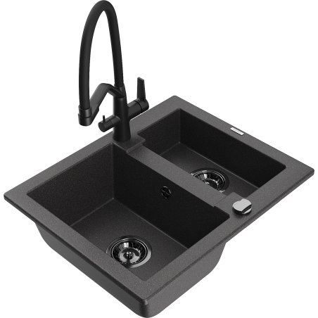 Mexen Carlos granite kitchen sink 1.5-bowl with Duo kitchen tap, black speckled - 6518-76-671701-70-B