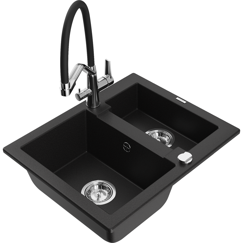 Mexen Carlos fregadero de granito de 1,5 senos con grifo de cocina Duo, negro - 6518-77-671701-07