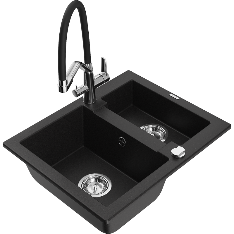 Mexen Carlos lavello in granito 1,5 vasche con rubinetto da cucina Duo, nero - 6518-77-671701-07