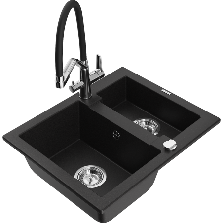 Mexen Carlos granite sink 1.5-bowl with Duo kitchen tap, black - 6518-77-671701-07
