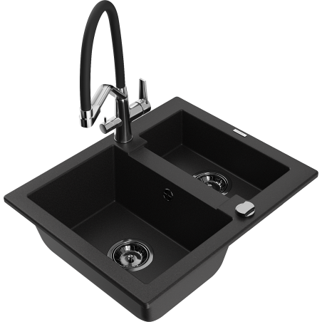 Mexen Carlos fregadero de granito de 1,5 cubetas con grifo de cocina Duo, negro - 6518-77-671701-07-B