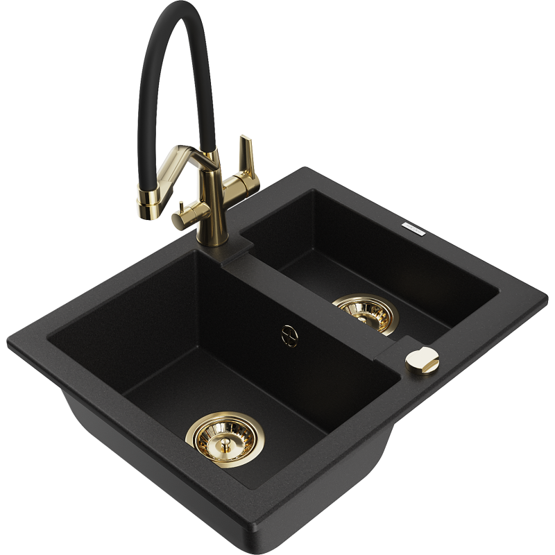 Mexen Carlos fregadero de granito de 1,5 senos con grifo de cocina Duo, negro - 6518-77-671701-57-G