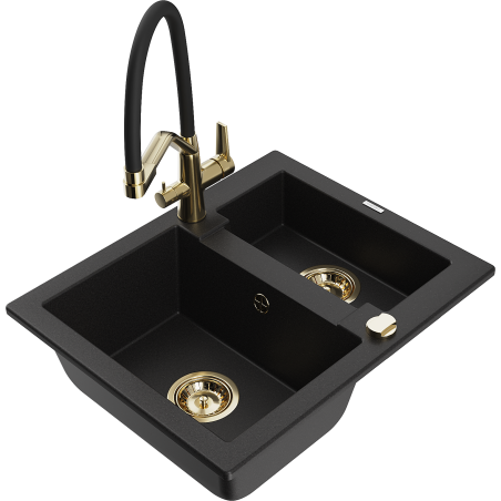 Mexen Carlos granite sink 1.5-bowl with Duo kitchen tap, black - 6518-77-671701-57-G