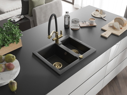 Mexen Carlos granite sink 1.5-bowl with Duo kitchen tap, black - 6518-77-671701-57-G