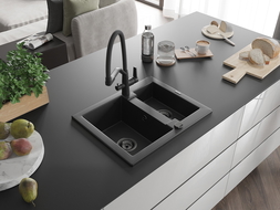 Mexen Carlos granite sink 1.5-compartment with Duo kitchen faucet, black - 6518-77-671701-70-B