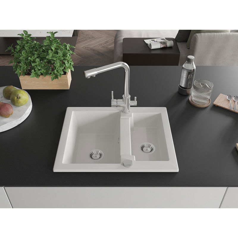 Mexen Carlos 1.5-bowl Granite Sink with Duero Kitchen Tap, White - 6518-20-671600-00