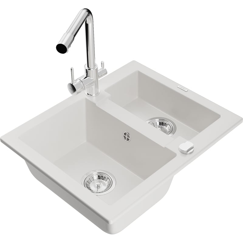 Mexen Carlos 1.5-bowl granite sink with Duero kitchen faucet, white - 6518-20-671600-00
