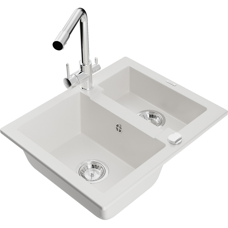 Mexen Carlos 1,5-kamer granieten spoelbak met keukenkraan Duero, wit - 6518-20-671600-00