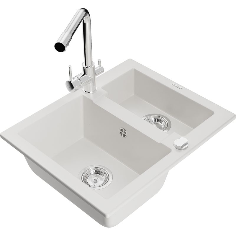 Mexen Carlos fregadero de granito de 1,5 cubetas con grifo de cocina Duero, blanco - 6518-20-671600-00