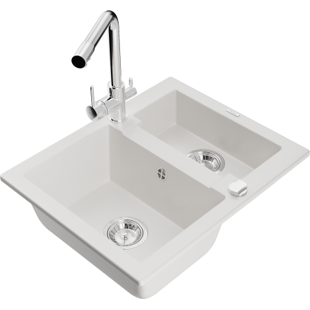 Mexen Carlos 1.5-bowl Granite Sink with Duero Kitchen Tap, White - 6518-20-671600-00