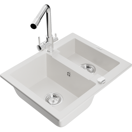 Mexen Carlos 1,5-kamer granieten spoelbak met keukenkraan Duero, wit - 6518-20-671600-00