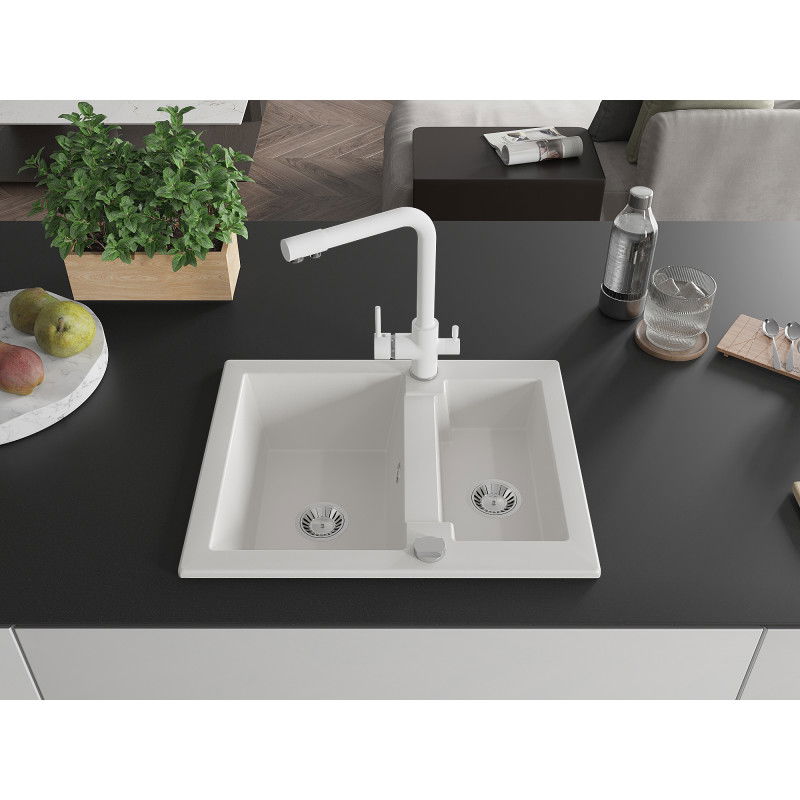 Mexen Carlos 1.5-bowl granite kitchen sink with Duero kitchen tap, white - 6518-20-671600-20