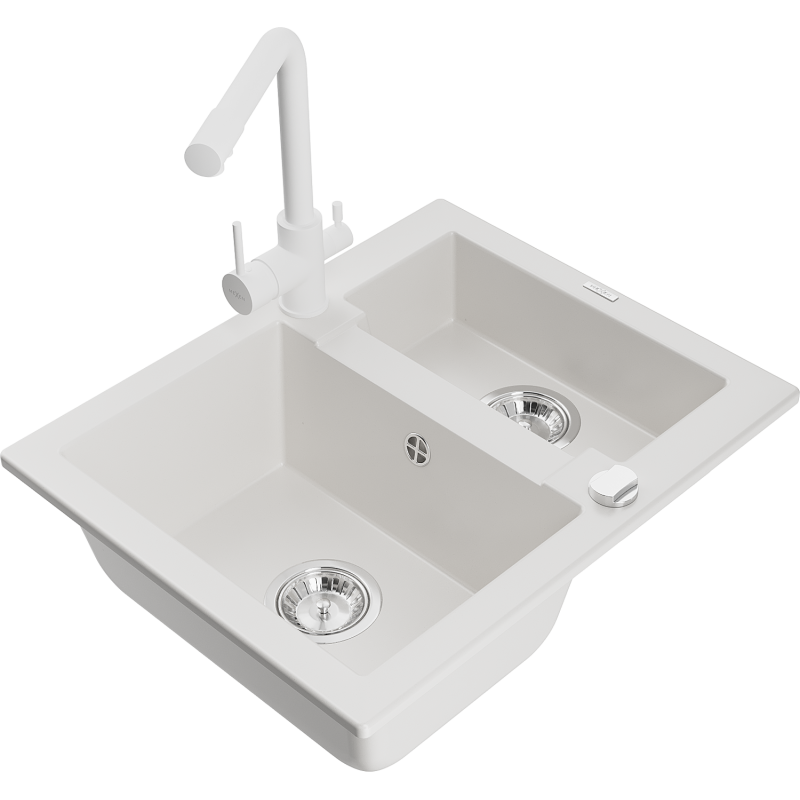 Mexen Carlos fregadero de granito de 1.5 senos con grifo de cocina Duero, blanco - 6518-20-671600-20