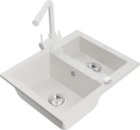 Mexen Carlos 1.5-bowl granite kitchen sink with Duero kitchen tap, white - 6518-20-671600-20
