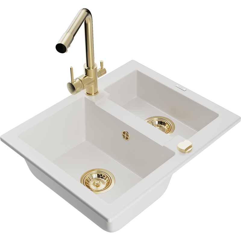 Mexen Carlos granite sink 1.5-bowl with Duero kitchen tap, white - 6518-20-671600-50
