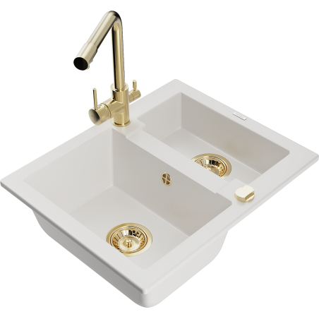 Mexen Carlos granite sink 1.5-bowl with Duero kitchen tap, white - 6518-20-671600-50