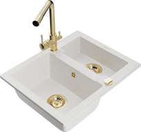 Mexen Carlos granite sink 1.5-bowl with Duero kitchen tap, white - 6518-20-671600-50