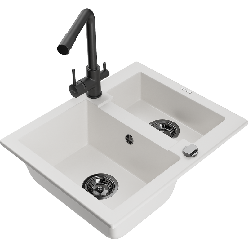 Mexen Carlos 1.5-bowl Granite Sink with Duero Kitchen Tap, White - 6518-20-671600-70