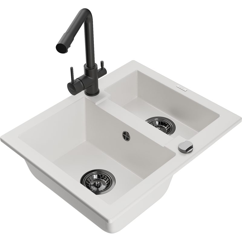 Mexen Carlos lava-louça de granito de 1,5 bacias com torneira de cozinha Duero, branco - 6518-20-671600-70