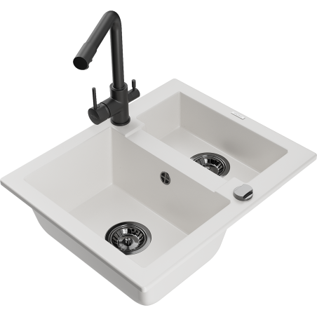 Mexen Carlos fregadero de granito 1,5 senos con grifo de cocina Duero, blanco - 6518-20-671600-70
