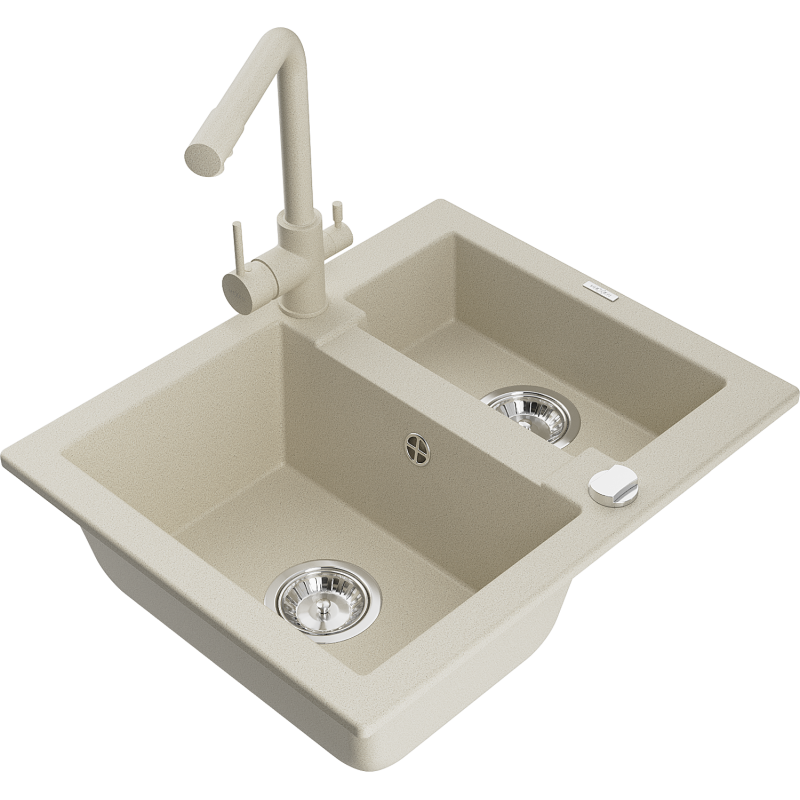 Mexen Carlos fregadero de granito de 1,5 senos con grifo de cocina Duero, beige - 6518-69-671600-69