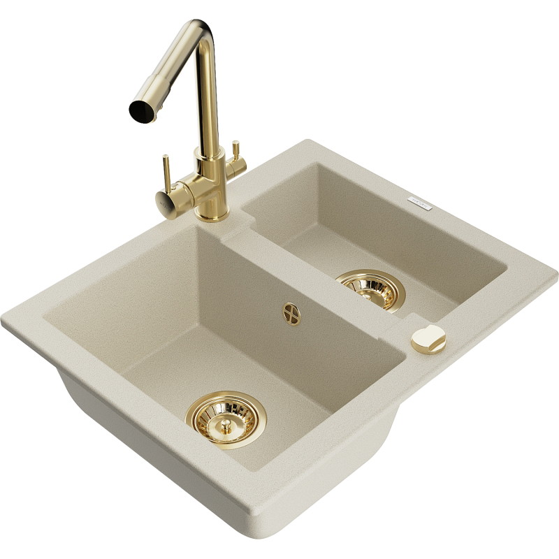 Mexen Carlos Granitspüle 1,5 Becken mit Küchenarmatur Duero, beige - 6518-69-671600-50