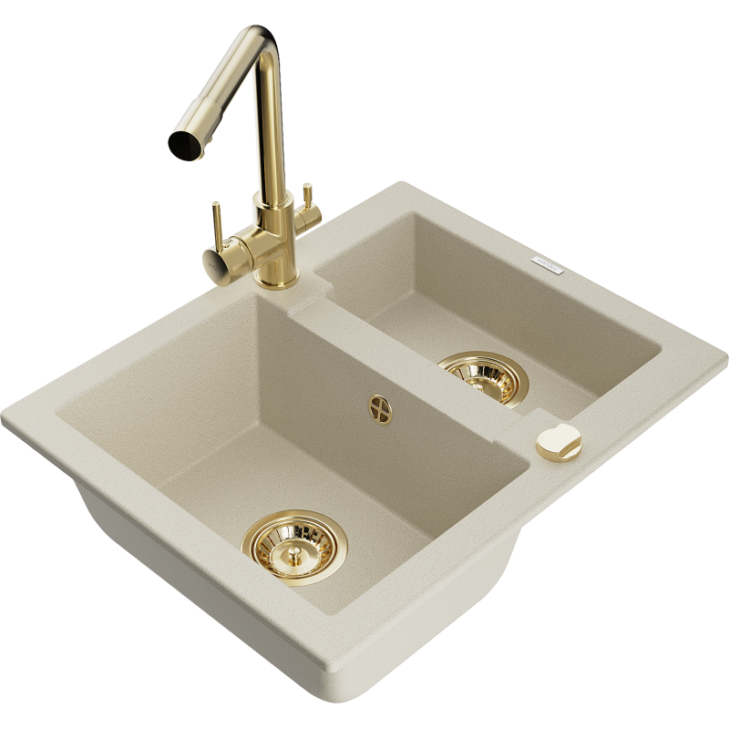 Mexen Carlos lava-louça de granito 1,5-cuba com torneira de cozinha Duero, bege - 6518-69-671600-50