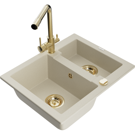 Mexen Carlos évier en granit 1,5 bac avec robinet de cuisine Duero, beige - 6518-69-671600-50